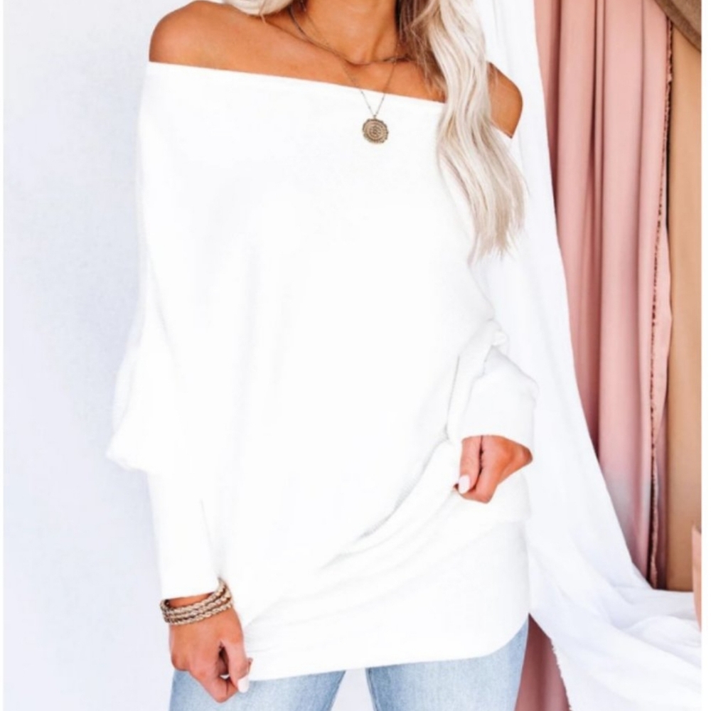 White Cashmere blend off the shoulder sweater - Picture 8 of 15